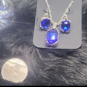 (New) Blue Emerald Cut Necklace And Earrings Fashion Set